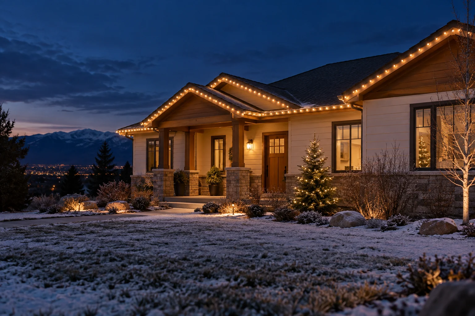 Illustrative concept of a Colorado home with warm white holiday lights along the roof and porch at twilight.