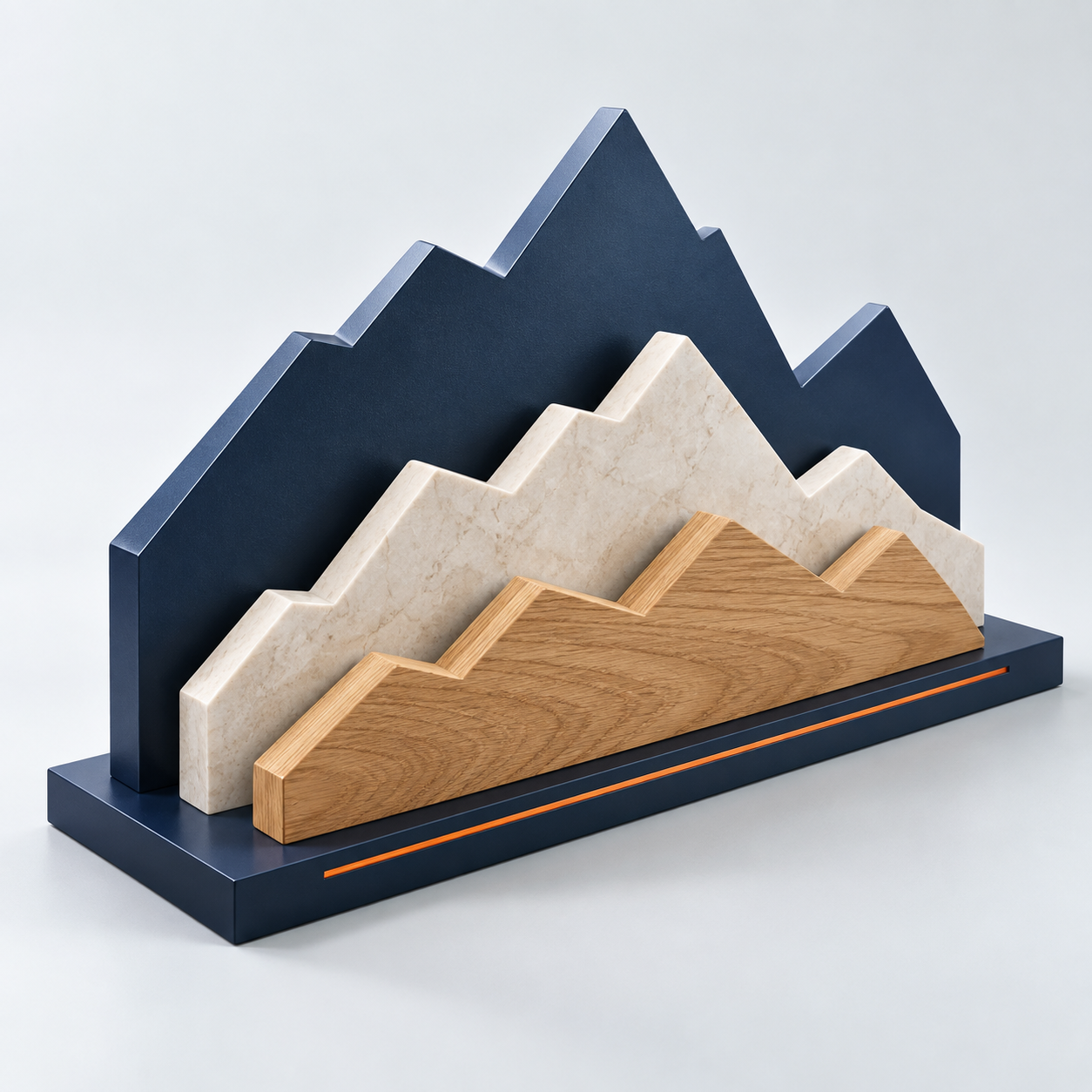 Sculptural mountain forms in navy metal, pale stone, and warm wood